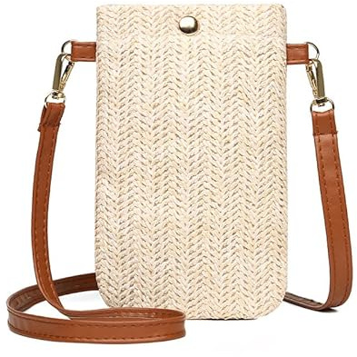 Strohtasche Damen Stroh Handy Umhängetasche Klein Gestrickte Schultertasche Sommertasche Strandhandtasche Böhmische Kleine Geldbörse Handgewebt Strandtasche für Damenreisen Urlaub (Weiß)