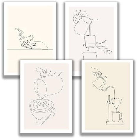 Minimalistisch Lineart 4er Poster Set - Wandkunst für Küche Kaffeeliebhaber Cappuchino Latte art Pour Over Siphon Kaffeezubereitung Einrichtung Renovierung Deko Kunstdruck (30 x 40 cm, ohne Rahmen)