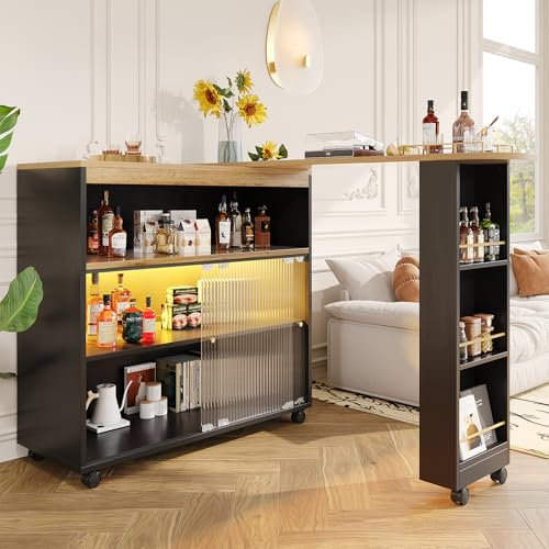 Ausziehbarer Bartisch mit Stauraum,Moderner Beweglicher Bar Table, Teleskopischer Bartisch mit LED, Stehtisch Bistrotisch Hochtisch Kücheninsel Bistro Table,Großer Stauraum, Schwaz