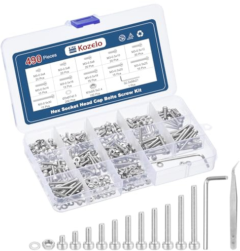 Kozelo 490pcs M3 Socket Head Cap Screws Bolts Nuts Assortment Kit - [M3x4/6/8/10/12/14/16/18/20/25/30mm] 304 Stainless Steel Allen Socket Drive for 3D Printer, with Wrench