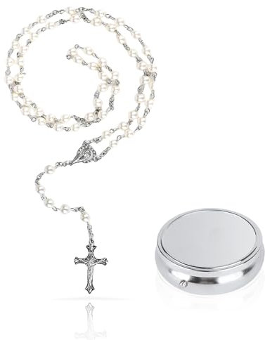 Cosmeria Rosenkranz Kette Mit Kreuz, Handgefertigter Rosenkranz Katholisch Mit 6mm Perlen, Geschenkbox In Silber, Ideal Für Kommunion Und Taufe