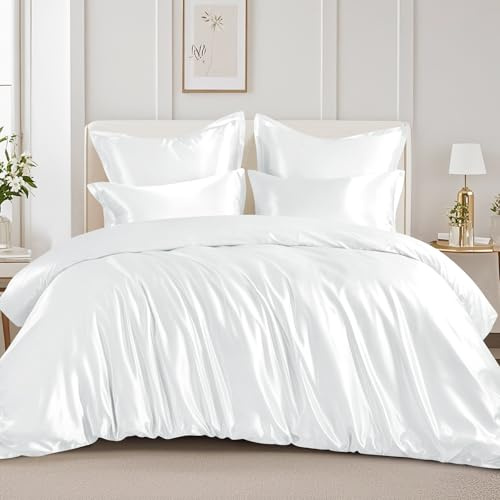 RUIKASI Set lenzuola in raso 200 x 200 cm - Bianco - Fodera per piumino lussuosa e setosa con lucentezza simile alla seta - Per capelli e pelle - Set lenzuola lucido 200 x 200 cm con chiusura lampo