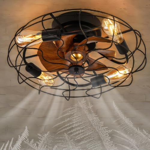 Cucummn Cage Lustre avec Ventilateur de Plafond Télécommande Ampoule E27 50CM Ventilateur Plafond avec Lumière Vintage Fer 6 Vitesse Silencieux DC Noir Réversible Chambre App Industrielle