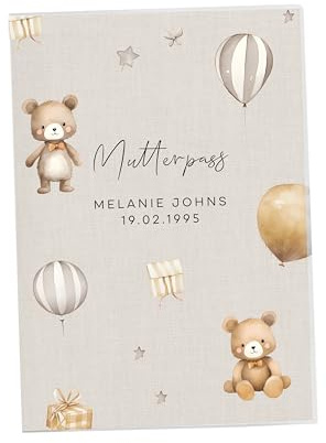 NORDEULE® Mutterpasshülle mit Name und Datum personalisiert Beige | Kunststoff Schutzhülle mit Design-Einsatz Bären Ballone und Ultraschallbildfach ((Molly Beige, Mutterpasshülle)