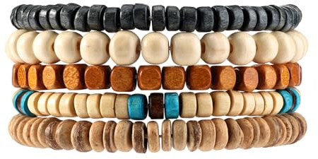 MILAKOO 5 piezas de pulseras elásticas de madera para mujeres y hombres, cuentas naturales de mala para meditación y oración, 19-22.86 cm, No es una piedra preciosa