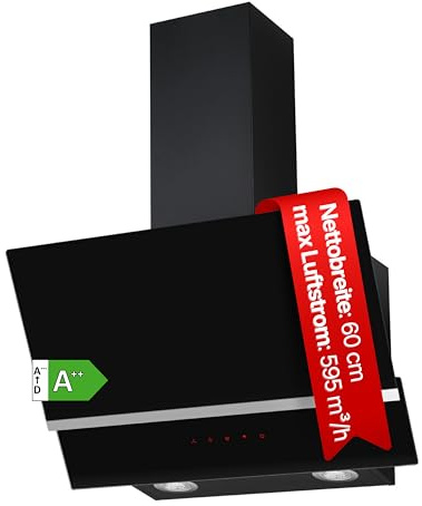 Amica Dunstabzugshaube 60 cm Kaminhaube SensorTouch Schwarz KHF 664 611 S | Abluft, 650 m3/h, 3 Stufen, LED Beleuchtung, Nachlaufautomatik, BLDC Motor, leiser Betrieb