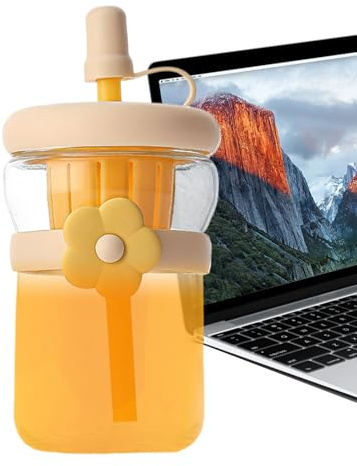 Botella de agua de vidrio transparente, botella de agua de vidrio transparente con función de taza, recipiente para beber con tapa y pajita, botella grande a prueba de fugas, reutilizable para