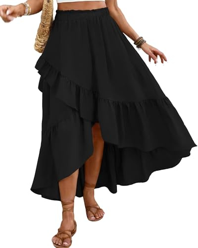 Bsubseach Women Asymmetrical Skirt High Waisted Wrap Maxi Skirt Tiered High Low Skirts Flowy Ruffle Midi Skirts with Slit Black L