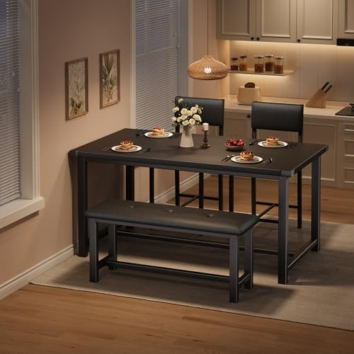 Garvee Esstisch Set 4-Teilig, Esszimmertisch Mit 2 Gepolsterte Stühlen & Banken Esszimmergruppe Für 4 Personen Rechteckig Küchentisch-Set Für Wohnzimmer, Esszimmer, Küche, Schwarz