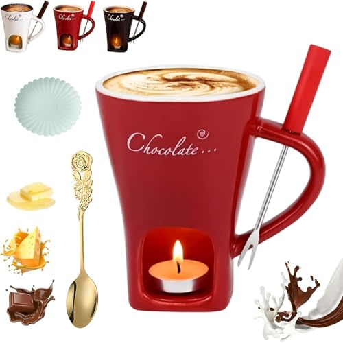 NNBWLMAEE Chocolate Fondue Mug Set, Ceramic Cheese Melting Cup with Fork and Tea Candle, Handcrafted Fondue Cups, Tea Light Heating Butter Warmer, for Cheese Chocolates Butter (Red,with Candle)