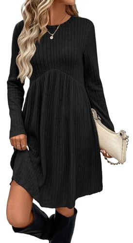 LIAMERHE Midi Robe en Tricot Femme Manches Longues Col Rond Chic Elegant Robe Pull Automne et Hiver Casual Robes A-Line Rayures Noiricales avec Poches Noir M