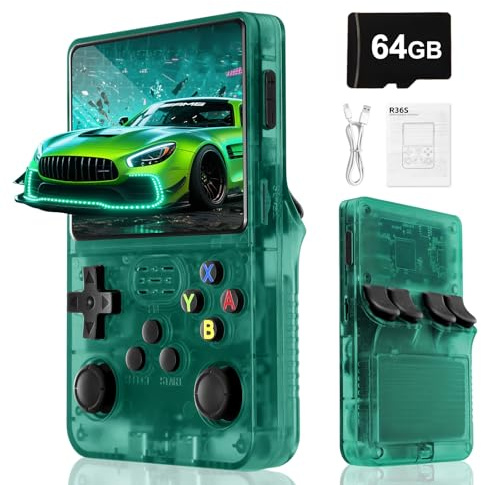 Rbic Consola de Videojuegos Retro R36S-3000 mAhBatería,Pantalla HD de 3,5 Pulgadas,Tarjeta TFde 64GB,Sistema operativo Linux de código Abierto, más de 20000 Videojuegos clásicos-Verde