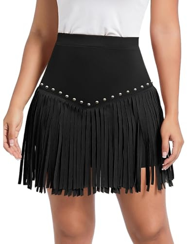 YOUDTIAN Western Y2K Cowgirl Fringe Skirt High Waisted Mini Suede Skirts Vintage Country Concert Outfits Rave Festival Booty Tassel Bottoms (A-Black Rivet, M)