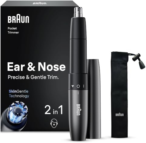 Braun öron- och näshårstrimmer, dubbla blad, skinGentle teknik, tvättbara blad, kompakt och perfekt för resor, AAA-batteri ingår, EN21, grå
