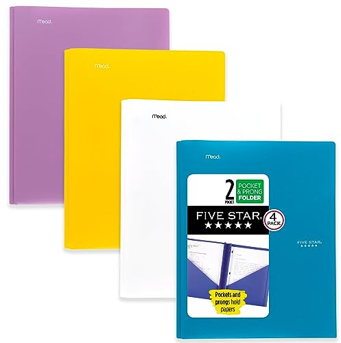Five Star 2 Taschenmappen, 4 Stück, Kunststoff-Ordner mit Zinkenverschlüssen, für 27,9 x 21,6 cm, Tidewater Blue, Weiß, Amethyst-Lila, Erntegelb (38136)