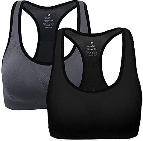 ANGOOL Women's Sports Bra Padded High Impact Racerback Comfy Yoga Workout Bra, L Fit 36D 36DD 36E 38D 40B 40C, Black+grey