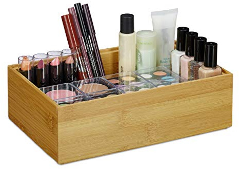 Relaxdays 4 x Ordnungsbox Bambus, stapelbar, natürliche Optik, Aufbewahrungsbox Küche, Bad, Dekobox HxBxT: 7 x 23 x 15 cm, natur | Aufbewahrungsbox Küche, Bad, HxBxT: 7 x 23 x 15 cm