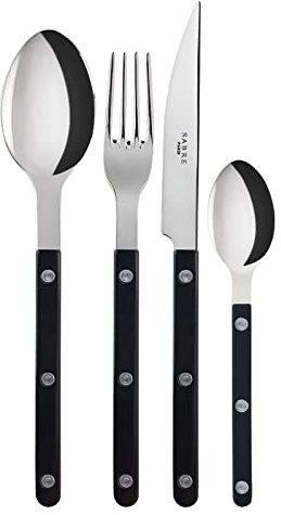 Sabre Paris | Ensemble de couverts de table 4 pièces 24cm Bistrot, couleur Noir et finition brillante. Comprend couteau, fourchette, cuillère à soupe et petite cuillère en Acier Inoxydable.