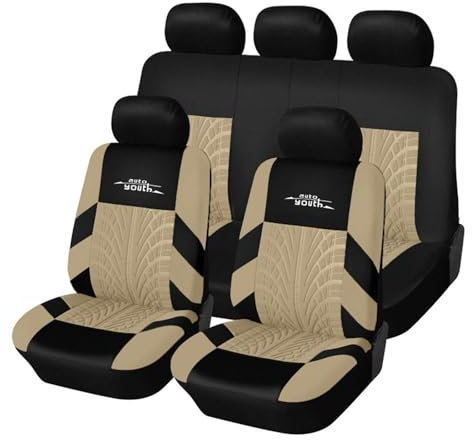 AUTOYOUTH Copri sedili Auto Universali | Compatibile con Airbag Laterale | Coprisedili per Sedili Completo Auto, （Nero/Beige）