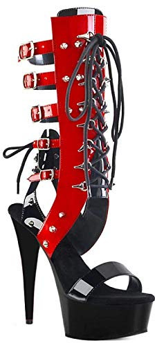 TIKENBST High Heels 15CM wasserdichte Plateausandalen Hohl Geschnürte Pole Dance Boots,Red-37