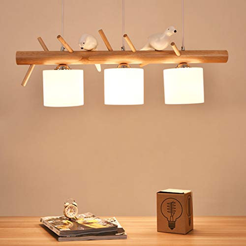 E27 Rechteck Kronleuchter Pendelleuchte Esszimmer Eiche Holz Hängelampe Kreativ Vogel Design Deckenleuchte Küchen insel Bar Esstisch Büro Wohnzimmer Verstellbar Runde Weiß Glas Schirm 3-flammig, L80cm