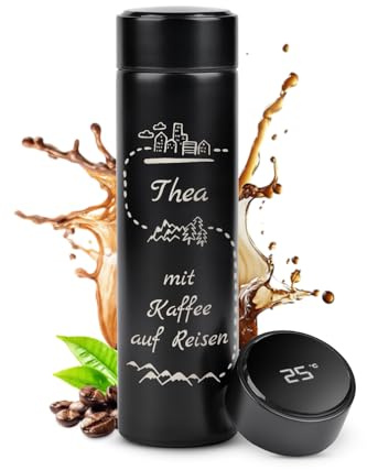 Maverton Thermobecher Kaffeebecher 450 ml - Isolierbecher personalisiert - 100% dicht - Led Temperatur Anzeige - aus Edelstahl - Geschenk für Frauen - Weihnachtsgeschenke - schwarz - Reisen