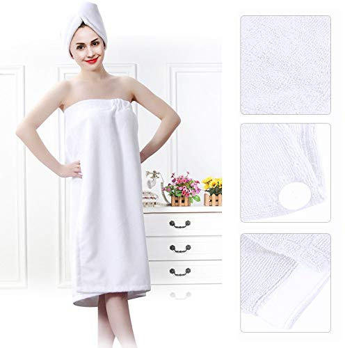 ZJchao Bamboo Cotton Bath Towel Wrap for Women Adjustable Spa Shower Robe with Hair Turban White Absorbent Pool Gym Cover Up Set