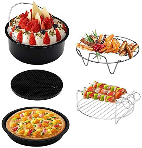 Air Fryer Accessories Set, 5PCS Deluxe Air Fryer Accessory Fit for Most 2.3L-3.2L Air Fryers, Cake Barrel 6 in(Diameter 16cm), Include Cake Pan, Pizza Pan, Grilling Rack, Silicone Mat, Nonstick