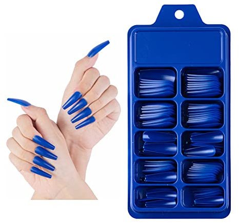 100 x Natural Look False Nail Tips 10 Sizes Matte Full Cover Long Stiletto/Pointy Fake Nails Art Manicure UK (ROYAL BLUE COFFIN)