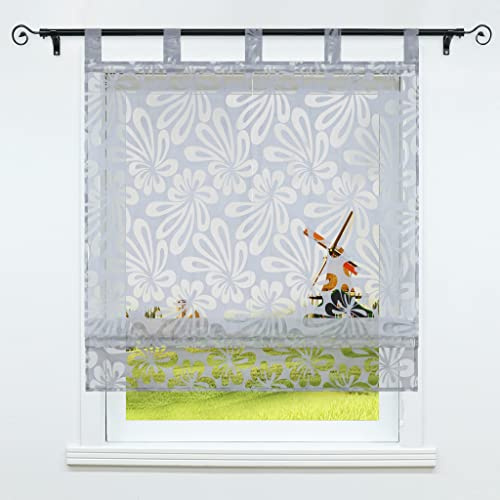 CORLIF Raffrollo mit Schlaufen Ausbrenner Raffgardine Küche Vorhang Modern Schlaufenrollo Wohnzimmer Halbtransparent Grau BxH 80x140cm 1 Stück