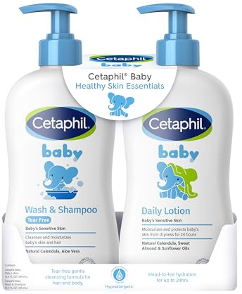 Cetaphil Baby Wash & Shampoo Plus Body Lotion, Healthy Skin Essentials, Vridning Head to Toe i upp till 24 timmar, för Delicate, Sensitive Skin, 2-pack, vit
