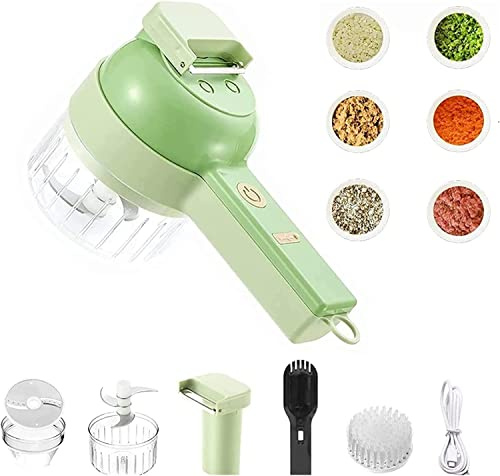 homeyuser 2022 Upgrade 4 in 1 Portable Electric Vegetable Cutter Set, Handheld Vegetable Slicer Blender, with One Button Control Food Slicer and Masher for Garlic Chilli Onion Ginger Meat, Green