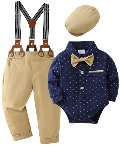 ZOEREA Trajes de Bebé Niño Conjunto de Ropa Peleles Monos con Pajarita + Tirantes Pantalones Bebé Niños Caballero Conjunto para Bautizo Fiesta Boda Azul oscuro,3-6 meses