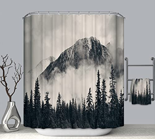 EHOMERY Duschvorhang Lang Duschrollo Zum Klemmen Bergwald Nebel Polyester Grau Rostfreie Ösen Und 12 Hakenringe, 180X180Cm