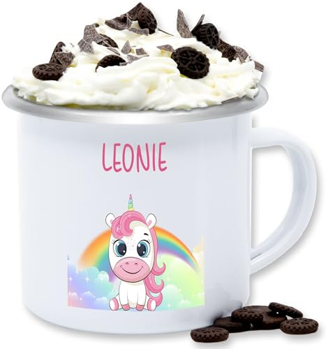 Emaille Tasse Blechtasse - Einhörner - Süßes Einhorn mit Name personalisiert I Unicorn - 300 ml - Weiß Silber - süße tassen personalisierte becher kinder unicorns kita häferl regenbogen