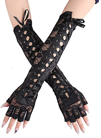 Wambere Fingerlos Spitzen Handschuhe Ellbogen Spitze Handschuh Schwarz Spitzen Satin Handschuhe Schwarze Braut Handschuhe,Lange Spitzen Handschuhe für Damen für Hochzeit Abend,Schwarz