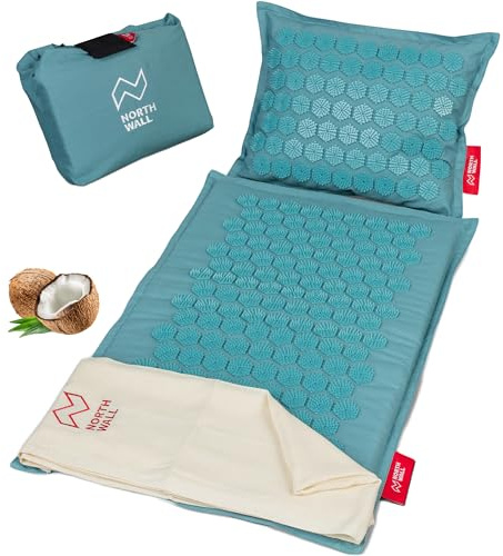 Northwall Akupressurmatte Set, Eco Massagematte mit Kissen, Tuch & Tasche, Hilfe bei Rückenschmerzen, Streß & Verspannungen, Massage Matte mit Kissen & Tasche, Akupunkturmatte