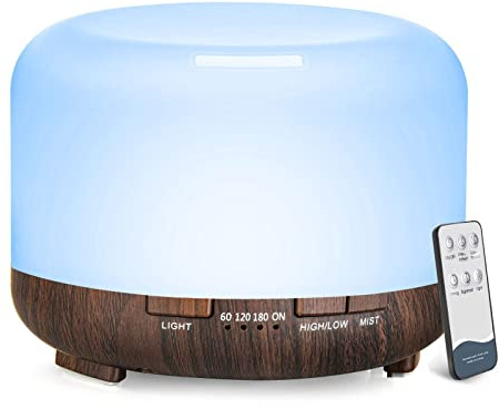 LONID 500ml Diffuseur d'Huile Essentielle, Ultrasonique Diffuseur Huiles Essentielles, Humidificateur d'air lumières 7 Colorées,Arrêt Automatique 4 Timing, Spa, Yoga, Massage,Apaisant (Noir)