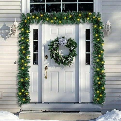 18FT 600Tips Christmas Garland with 6M LED Lights Door Stairs Fence Fireplace Decoration