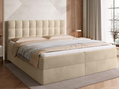BROMARKT Boxspringbett 180x200cm mit Topper und Bettkasten H3 Beige | Doppelbett für Schlafzimmer mit Bonell Matratze Stauraum und gepolsterte Kopfstütze Bett Bed Einzelbett Federkern DETROIT