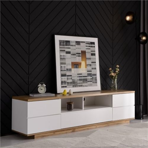 Meuble TV Moderne Facile à Assembler et avec Beaucoup d'espace de Rangement, Grain de Bois Blanc, Meuble élégant au Design Bloc