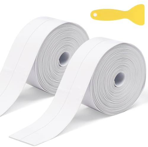 Bwetomk 2 Rolls Bath Sealant Strip Self Adhesive 5M Caulk Strip with Sealing Tool, Bathroom Sealant White Waterproof Strong Sticky Simple Seal Tape for Shower Bathtub Toilet Kitchen Wall Corner