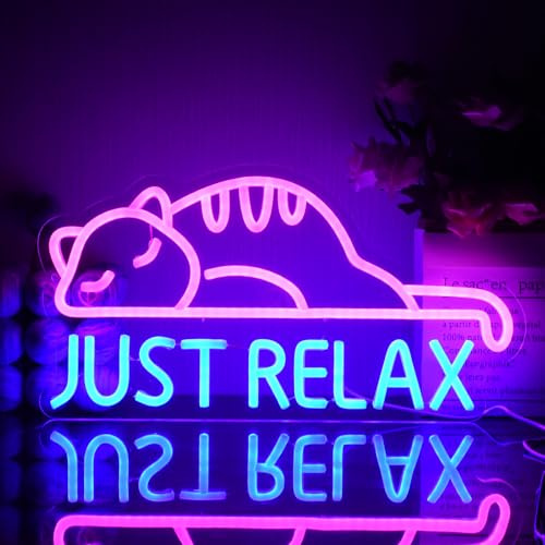 UExnkj-Y Chat Neon Sign Just Relax Enseigne au Néon Lettre Led Neon Animaux Neon Mural Alimenté USB Décoration Lumineuse Neon pour Magasin Chambre Bar Fête Décoration Murale Cadeaux de Vacances
