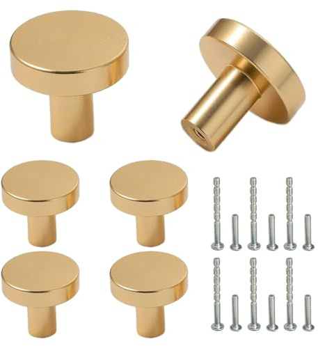 Mokife Schrankknöpfe Gold Matt, 6 Stück Modern Schubladengriffe Metall Runde Möbel Türknauf mit Schrauben für Kommode Schränke Küchenschränke Tür, 25x20mm