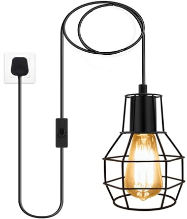 Pendant Light Fitting With 450cm Cord and Metal Cage, Farmhouse Hanging Light Fixtures With On/Off Switch for Kitchen, Industrial Black Loft Lighting