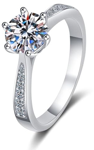 Verlobungsring Damen Weißgold 585, Trauringe Solitär Echt Gold für Frauen mit Im Labor Gezüchteter Diamant 1ct, D, VVS1-VVS2, Gr. 51 (16.2)