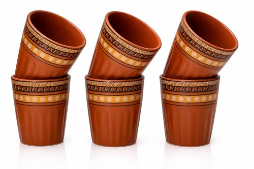 Handgefertigte, traditionelle Kulhar Chai Tee- und Kaffeetasse, Cantaritos, 6er-Set, glasiertes Steingut, glänzende Oberfläche, Terrakotta, handwerkliche Studiokeramik, Schlammbraun, lebensmittelecht