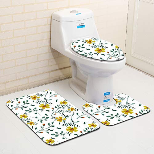 Bad Teppiche Set 3-Teiliges Gelb Grün Floral WC Vorleger Mit Ausschnitt Badematte Saugfähig WC Deckelbezug Badvorleger rutschfest Waschbar Toilettensitzbezug Badgarnitur (50x80cm)