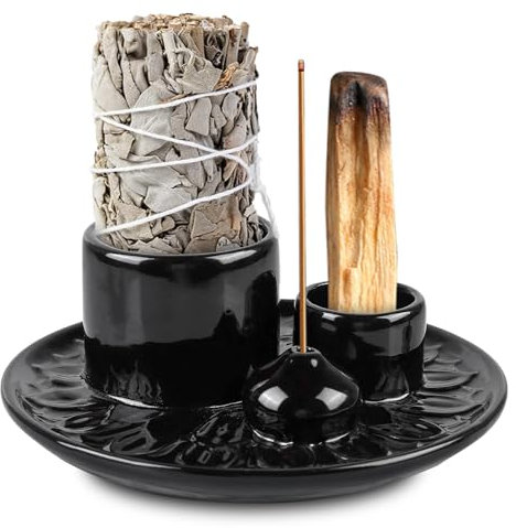 Soporte para incienso 4 en 1, cuenco de incienso para cada incienso, soporte de palo santo, soporte para incienso de cerámica, soporte para varillas de incienso, salvia blanca para ahumar (negro)