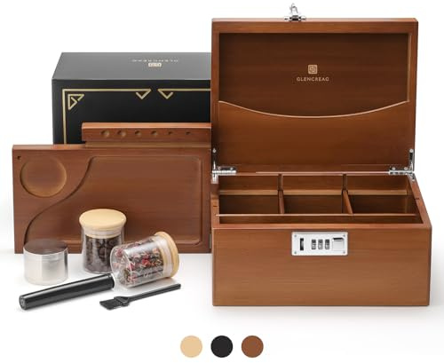 GLENCREAG Boîte Bambou Sans Odeur, Plateau, avec Serrure | Boîte en Bambou sans Odeur avec Serrure, Plateau, Récipients en Verre et Broyeur, Cadeau Homme et Femme